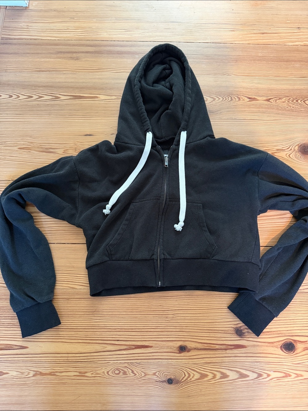 Katie J NYC girls XL Black Cropped Zip Hoodie with White Drawstrings